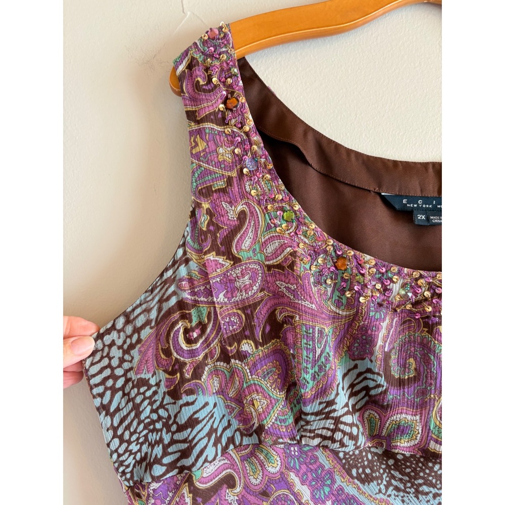 ECI New York Vintage 100% Silk Paisley Beaded Asymmetrical Tank Top 2X Brown - Picture 3 of 11